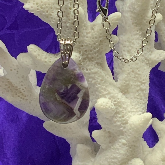 Purple Brazil Zebra Amethyst Necklace on Stainless Steel Silver Plated Chain - Picture 2 of 12